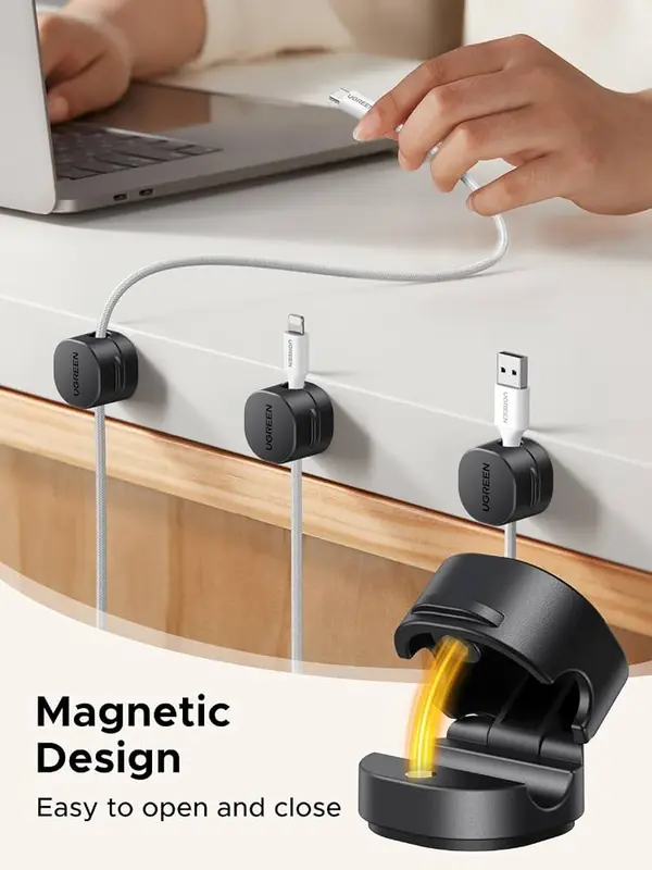 UGREEN Magnetic Cable Organizer 3-Pack – Adhesive Magnetic Cord Holder for Desk & Cable Management