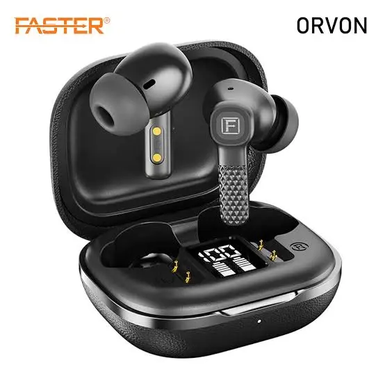 Faster Orvon Wireless Earbuds – Digital Display, Leather Design, ANC+ENC, Up to 25 Hrs Playtime