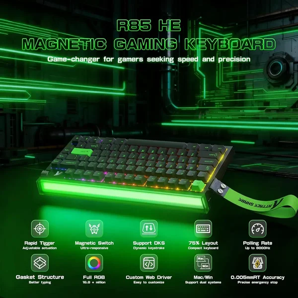 Attack Shark R85HE 75% Wired Rapid Trigger Magnetic Switch Gaming Keyboard – 8KHz, Custom RGB, Green