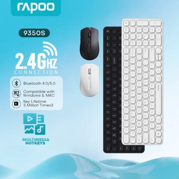 Rapoo 9350S Multi-Mode Wireless Keyboard & Mouse Combo – Slim 99-Key Scissor Keyboard, Bluetooth 4.0/5.0 & 2.4GHz