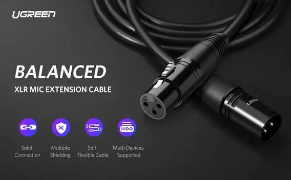 UGREEN 20712 AV130 XLR Microphone Extension Cable – 3-Pin XLR Male to Female, 5 Meter