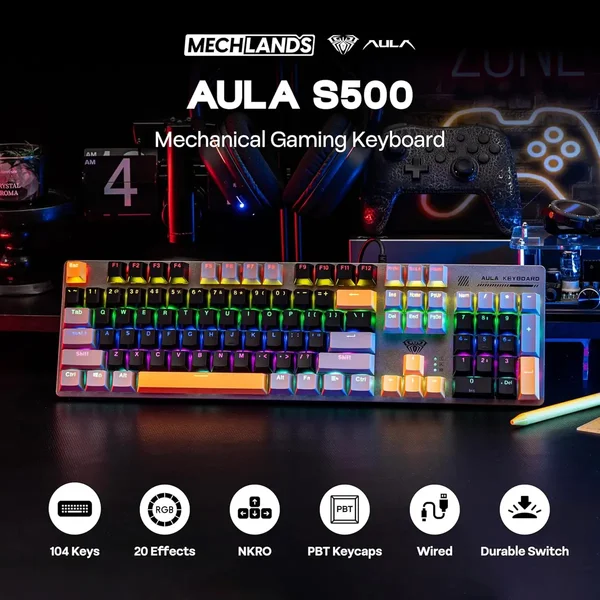 AULA S500 Black + Grey Blue Switch Mechanical Gaming Keyboard