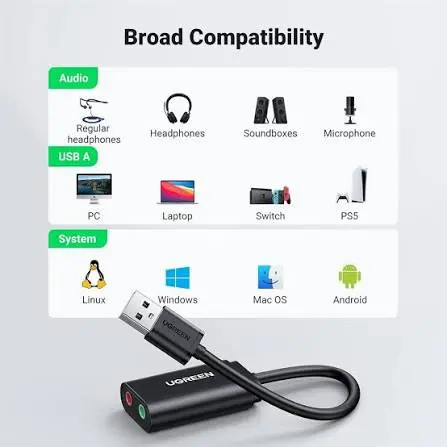 UGREEN USB-A to 3.5mm External Stereo Sound Adapter 15cm USB Audio Adapter