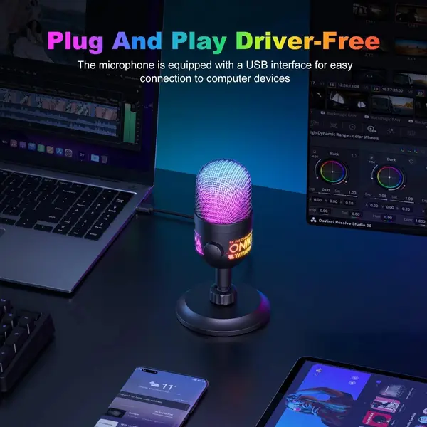 ONIKUMA M930 Black Colorful RGB USB Condenser Microphone - 14mm Capsule, Touch Mute