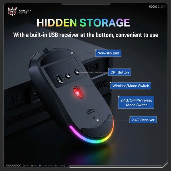 ONIKUMA DM03 Black Rechargeable Tri-Mode Wireless Gaming Mouse - 12000 DPI, RGB
