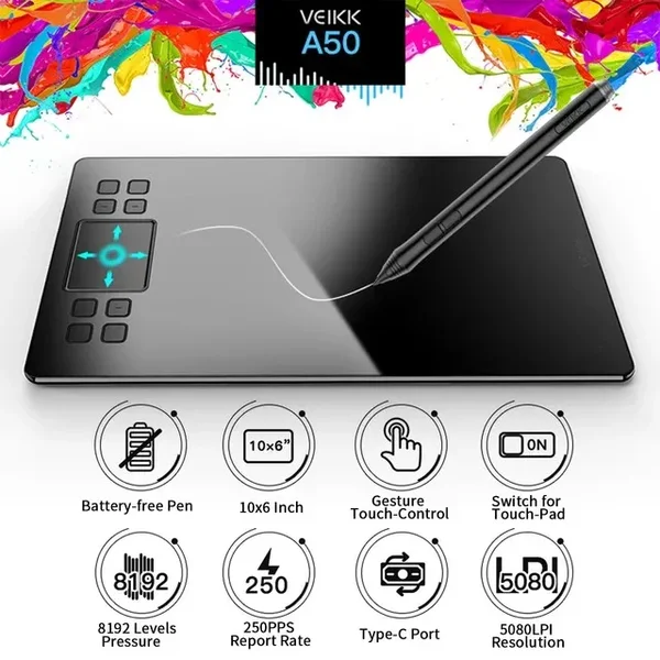 VEIKK A50 16K Graphics Drawing Tablet – 10x6 Inch Professional Pen Tablet with 16384 Pressure Levels | USB-C Digital Art Tablet for Drawing, Design & Animation