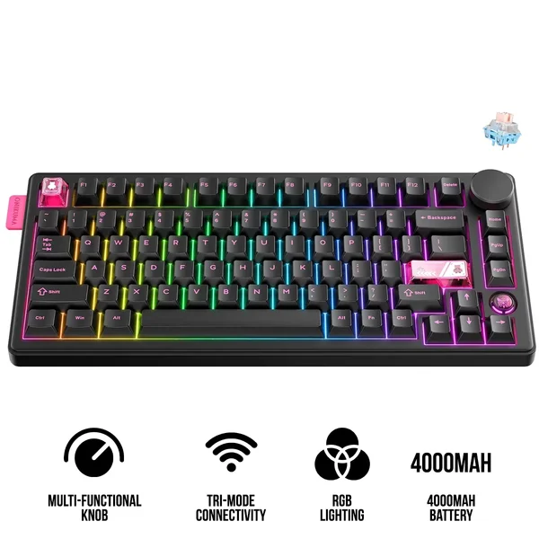 ONIKUMA MT760 Black-Pink Tri-Mode Wireless Mechanical Gaming Keyboard - Hot-Swap, Rotary Knob, RGB, 81-Key