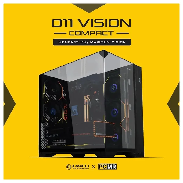 Lian Li O11VPX O11 Vision Compact ATX Mid-Tower Case – Black, 3-Side Tempered Glass, Back-Connect, 408mm GPU, 360mm Radiator