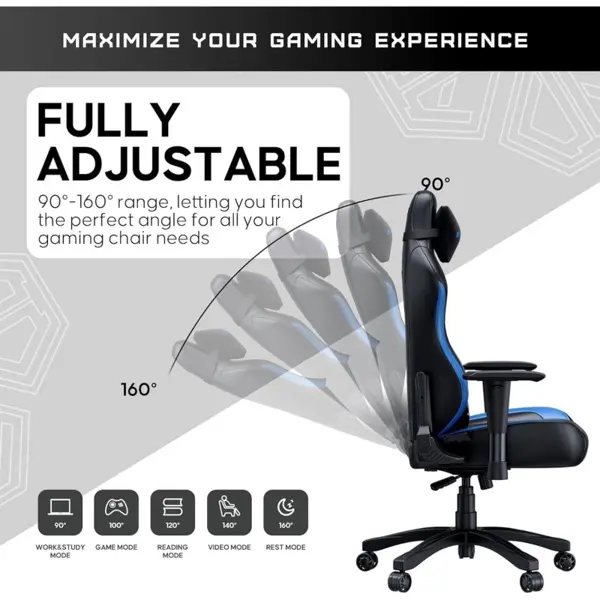 AndaSeat Luna Large Ergonomic Gaming Chair Black Blue Racing Reclining Chair PVC Leather Heavy Duty Neck & Lumbar Support Computer Office & Gaming Chair