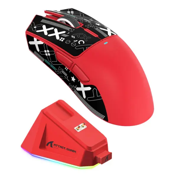 ATTACK SHARK X11 Wireless Gaming Mouse with Charging Dock - White / Red / Black with Tape