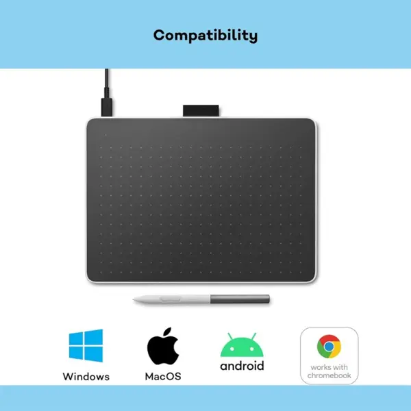 Wacom One CTC6110WLW1B Graphics Tablet, Medium, 216 x 135 mm Active Area, 4096 Pressure Levels, Tilt Sensitivity, 2 Customisable Keys, USB-C, Bluetooth 5.1, White