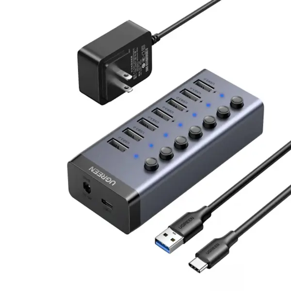 UGREEN 90307 7-Port USB 3.0 Hub with Smart Charging (Aluminum) 12V/2A Adapter