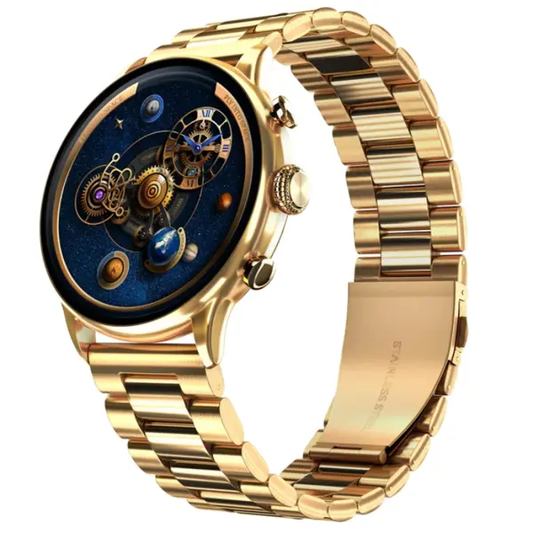 Zero Lifestyle Royale Smartwatch – Bluetooth Calling, AMOLED Display, AI Voice Assistant, Fitness Smart Watch (Golden Metal | Titanium Silver | Blue Strap)