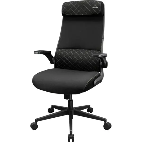 Cougar Stryder Ergonomic Chair, Adjustable Headrest, Multi-Density Foam Seat, Flip-Up Armrest, Ergonomically Contoured Lumbar Support, Imitation Linen, Black | Free Shipping
