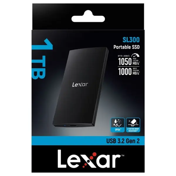 Lexar SL300 Portable SSD, 1TB, Up To 1050MB/s Read, USB 3.2 Gen 2 Type-C, IP54 Dust and Water Resistance