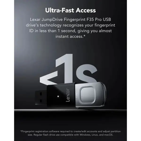 Lexar JumpDrive Fingerprint F35 PRO 128GB USB 3.2 Gen 1 Flash Drive – Up To 400MB/s High-Speed Metal USB Drive with Fingerprint Security & 256-bit AES Encryption