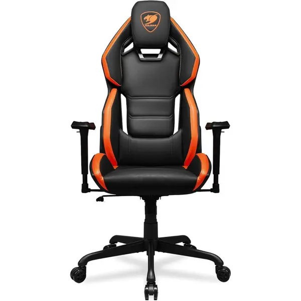 Cougar Hotrod Ergonomic and Comfortable Gaming Chair with Head and Lumbar Support, Steel Frame and Base, Reclining Backrest, Tilt Mechanism, Premium Hyper-Dura Leatherette, 3D Armrest - Black/Orange