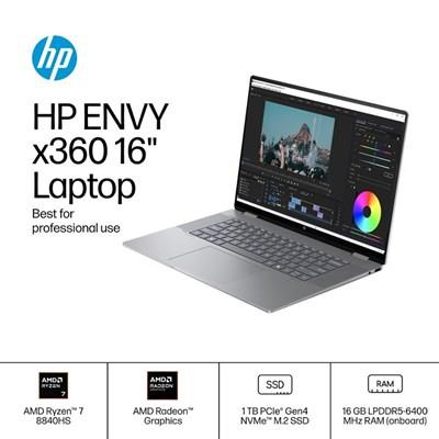 HP Envy x360 2-in-1 Laptop 16-AD0023DX | AMD Ryzen™ 7 8840HS 16GB 1TB SSD 16" IPS WUXGA Touchscreen Backlit KB, Poly Studio - Meteor Silver
