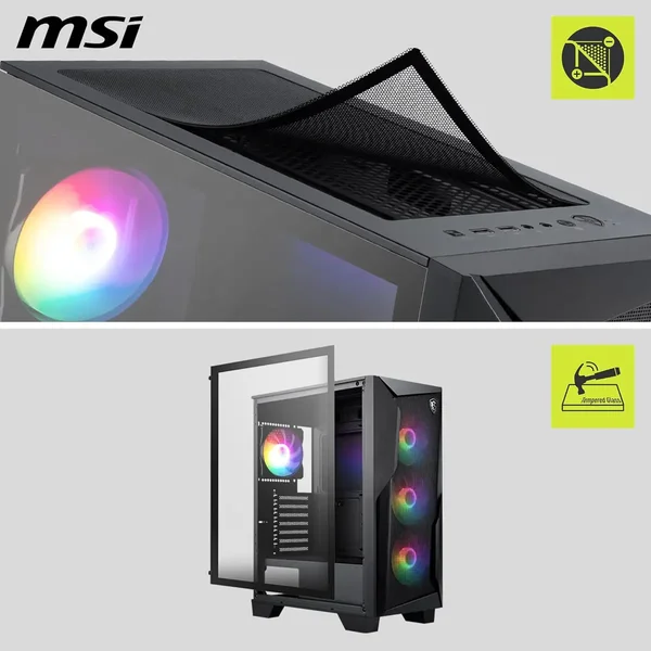 MSI MAG Forge 130A Airflow Mid-Tower ATX PC Case – High Airflow Design, 4 Pre-Installed Auto RGB Fans, 240mm Radiator Support, Tempered Glass Side Panel (Black)