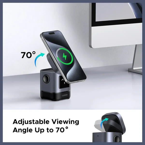 UGREEN Uno Series W709 Qi2 2-in-1 Magnetic Wireless Charging Station 15W Fast Charger for iPhone, 5W Earbuds Charging, Adjustable Stand, USB-C Output – 45775