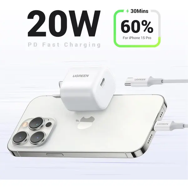 UGREEN 20W PD Fast Charging Power Adapter US Plug White – USB-C Power Delivery 3.0 Wall Charger for iPhone, Samsung, iPad & Android Devices