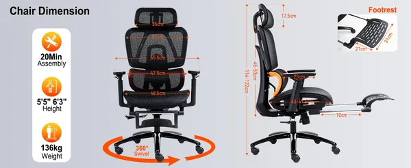 Meetion CHR 32 Gaming Chair – Black/Orange, Adjustable Handrail, Recliner, Max 130KG