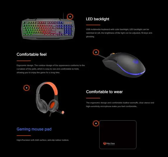 Meetion C490 4-in-1 Gaming Combo – RGB Mouse, Membrane Keyboard, RGB Headset & Mouse Pad, USB Wired