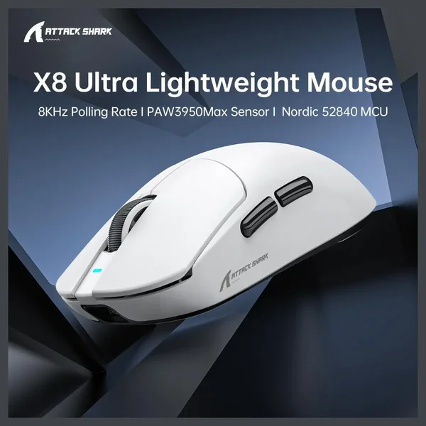 Attack Shark X8 Ultra 8KHz Tri-Mode Wireless Gaming Mouse with C06 Ultra Cable – White