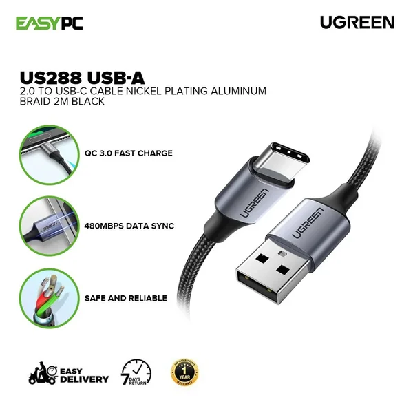 UGREEN US288 USB-A 2.0 to USB-C Fast Charging & Data Cable 1M Black – Nickel Plated Aluminum Type-C Cable for Android Phones, Tablets & USB-C Devices