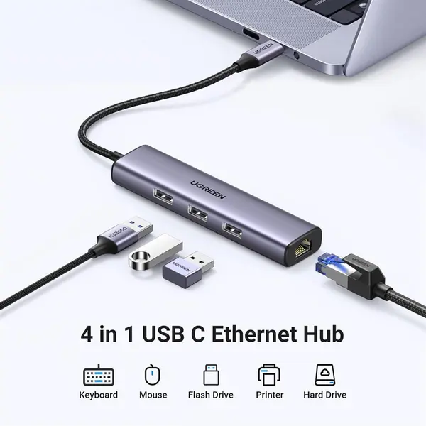 UGREEN USB 3.0 to 3x USB 3.0 Plus Gigabit Ethernet Hub with Type-C PD