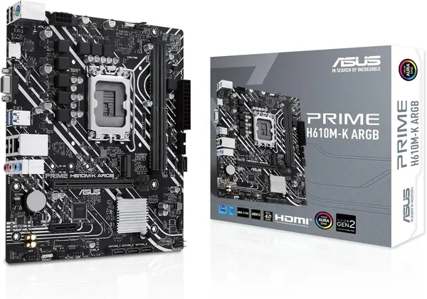 ASUS PRIME H610M-K ARGB D5 mATX Motherboard – LGA1700, DDR5, PCIe 4.0, RGB Header, Intel 12th/13th/14th Gen Support