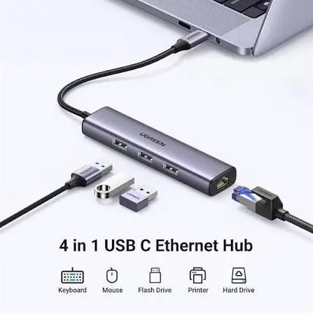 UGREEN USB-C to 3x USB 3.0 Hub Plus Gigabit Ethernet Adapter 4 In 1