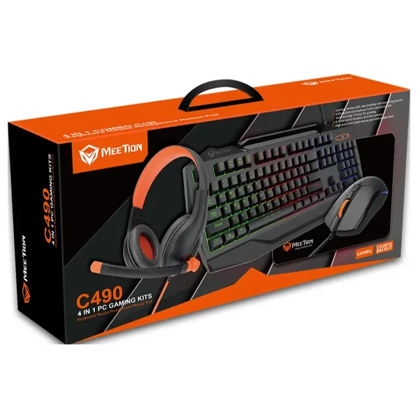 Meetion C490 4-in-1 Gaming Combo – RGB Mouse, Membrane Keyboard, RGB Headset & Mouse Pad, USB Wired