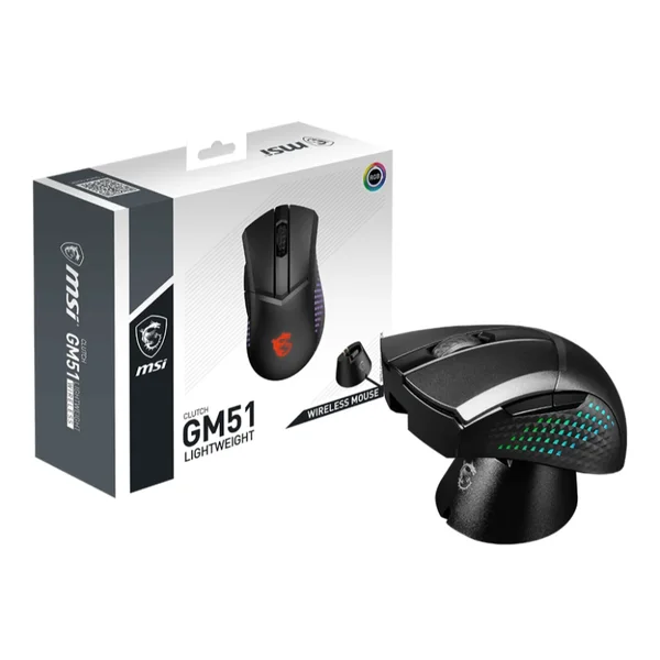 MSI CLUTCH GM51 LIGHTWEIGHT WIRELESS Gaming Mouse – Ultra-Light 85g, PAW-3395 Sensor, 26000 DPI, RGB, Dock Charging, Tri-Mode Connectivity