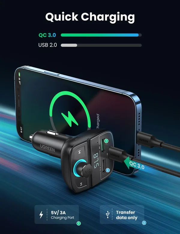 UGREEN CD229 Bluetooth 5.0 FM Transmitter & 31.5W Car Charger with TF Card Slot – USB-C PD + USB-A Fast Charging Adapter Black