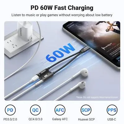 UGREEN 25837 Magnetic 2-in-1 USB-C to 3.5mm Audio Adapter & Charger – PD 60W, Hi-Res 32bit/384kHz