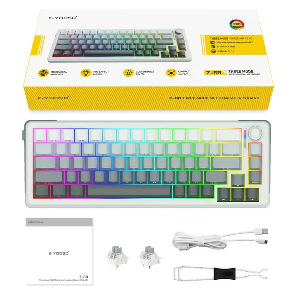 E-YOOSO Z-68 TRI MODE Gradient Gray Silver Wood Switch 68 Keys