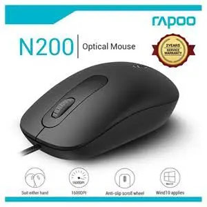 Rapoo N200 Wired Optical Mouse – Ambidextrous USB Mouse for PC, Laptop & Office Use