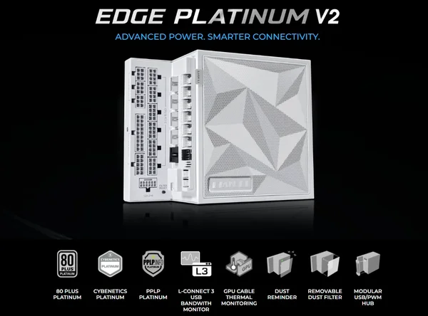 Lian Li EG1350P EDGE Platinum V2 1350W 80 Plus Platinum PSU with EDGE Hub ADV – White, UK, New Launch
