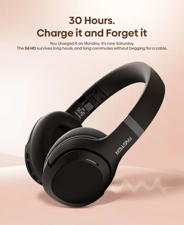 Faster S6 Wireless Headphones – Extra Soft Leather, Foldable Design, Bluetooth v5.3, Up to 30 Hrs Playtime