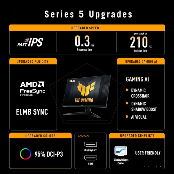 ASUS TUF Gaming VG27AQ5A 27" 2K QHD Fast IPS Gaming Monitor – 210Hz 0.3ms HDR10 ELMB Sync Adaptive-Sync