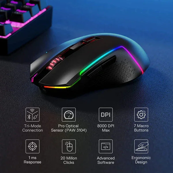 Redragon M693 Trident Pro RGB Wireless Gaming Mouse Bluetooth/2.4G/Wired Tri-Mode Gamer Mouse 16000 DPI
