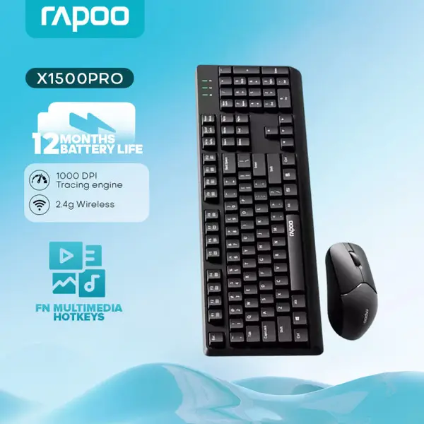 Rapoo X1500 PRO Wireless Keyboard & Mouse Combo Black – 2.4GHz, Full-Size 104-Key, 1000 DPI Optical Mouse