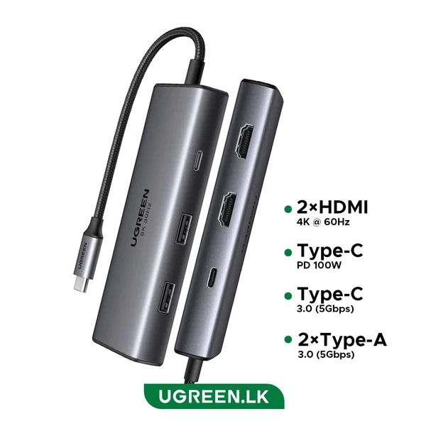 Ugreen 15852 USB-C Dual HDMI Hub 6-in-1 – Dual HDMI Up to 8K@30Hz/4K@60Hz, USB 3.0, PD Power