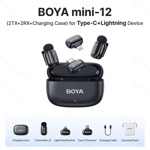 BOYA MINI 2-03 Wireless Microphone – For iOS Only, Dual Mic Set with Charging Powerbank Case