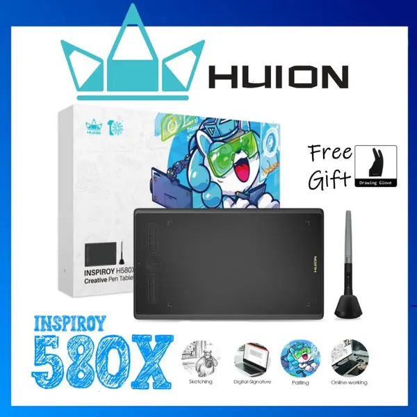Huion H580X Inspiroy Drawing Tablet 8x5” with 8192 Pressure Levels, Battery-Free Pen & USB-C