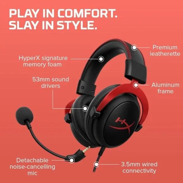 HyperX Cloud II Gaming Headset with DTS Headphone:X Spatial Audio, 53mm Drivers, Detachable Noise-Cancelling Microphone, Premium Memory Foam Gaming Headphones for PC, PS5, PS4 & Xbox
