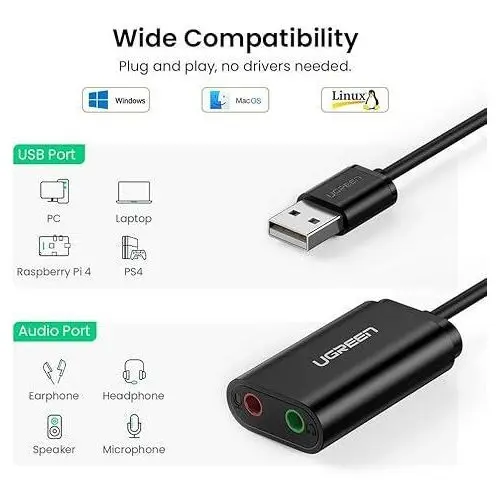 UGREEN USB-A to 3.5mm External Stereo Sound Adapter – USB Audio Card for PC, Laptop & Headphones