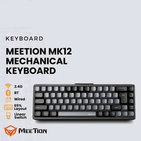 Meetion MK12 Black Mechanical Keyboard – Wired + 2.4G + 3-Channel Bluetooth Tri-Mode, Hot-Swappable, RGB Backlit, 65% Layout