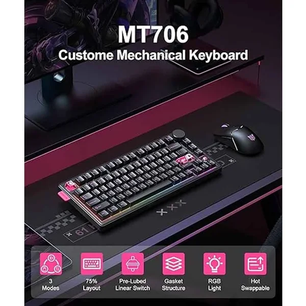 ONIKUMA MT760 Black-Pink Tri-Mode Wireless Mechanical Gaming Keyboard - Hot-Swap, Rotary Knob, RGB, 81-Key
